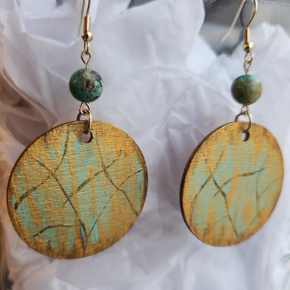 Gold and Turquoise Dangle Earrings Handmade - Picture 3 of 4